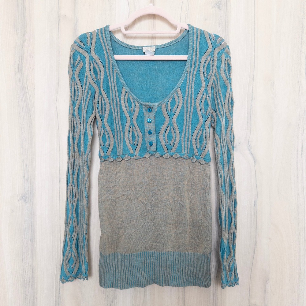 Vintage Y2K Daytrip Womens‎ Babydoll Top Size M Blue Tan Cable Knit Long Sleeve